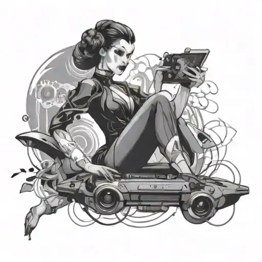 Combine a flamenco dancer with game controllers in a futuristic design tattoo design idea