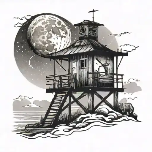Create a dotwork tattoo of a lifeguard tower with a wolf howling at the moon in the sky tattoo design idea