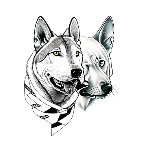 A fierce bull terrier and a serene wolf facing each other tattoo design idea