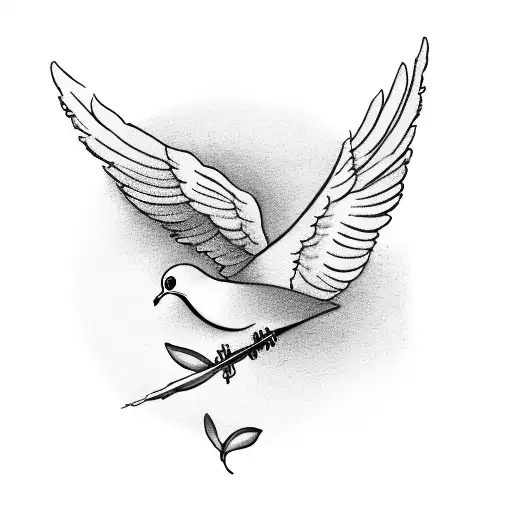 a detailed illustration of a dove carrying an olive branch, symbolizing peace and hope. The dove is depicted in a realistic style, with intricate feather details and soft shading. The olive branch is delicately intertwined with the dove's beak, creating a harmonious composition. tattoo design idea