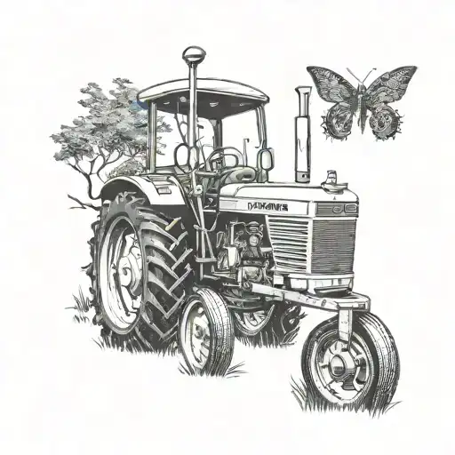stiletto of old man and Massey Ferguson t20 tractor in a rural field tattoo design idea