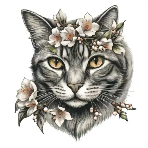 cat and peach blossoms tattoo design idea