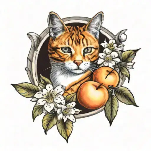 orange cat and peach blossoms and peach tattoo design idea