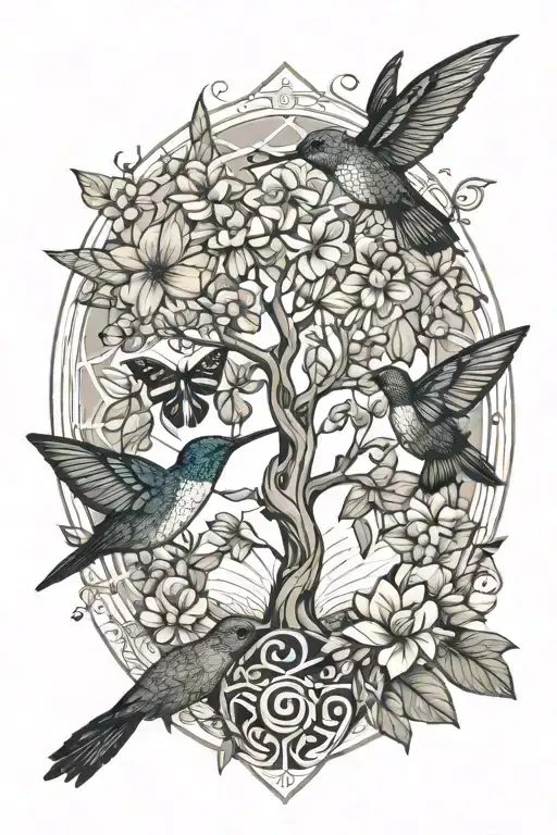 tree of life with hummingbird and butterfly and flower  tattoo design idea