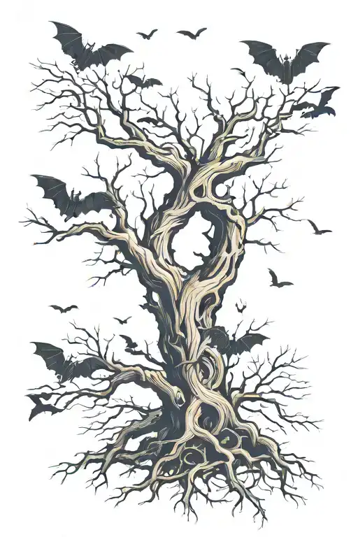 Leafless tree forming number 9 with bats flying tattoo design idea