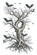 Leafless tree forming number 9 with bats flying tattoo design idea