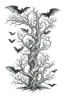 Leafless tree forming number 9 with bats flying tattoo design idea