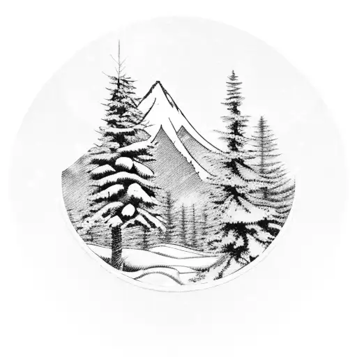 A majestic snow-covered mountain range with a Christmas tree on top tattoo design idea