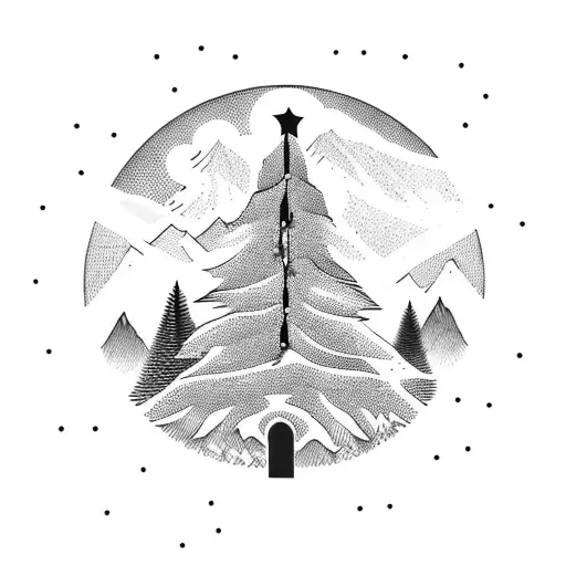A majestic mountain range with a Christmas tree on top tattoo design idea