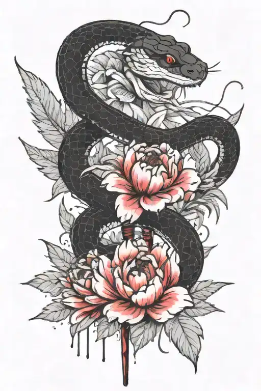 black and white snake intertwines a split Japanese sword among peonies with leaves tattoo design idea