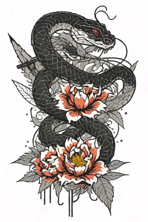 black and white snake intertwines a split Japanese sword among peonies with leaves tattoo design idea