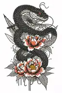 black and white snake intertwines a split Japanese sword among peonies with leaves tattoo design idea