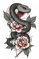 black and white snake intertwines a split Japanese sword among peonies with leaves tattoo design idea