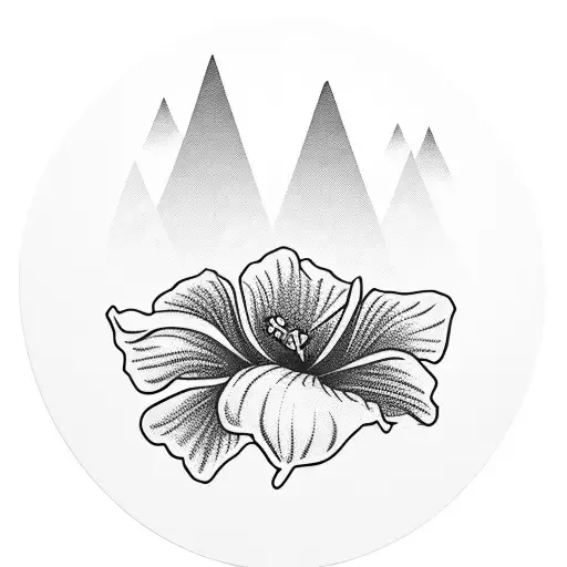 A silhouette of the Colorado mountains at sunset with a hibiscus flower in the foreground tattoo design idea