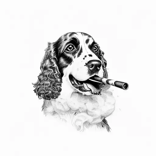 english springer spaniel with smoking pipe in mouth tattoo design idea