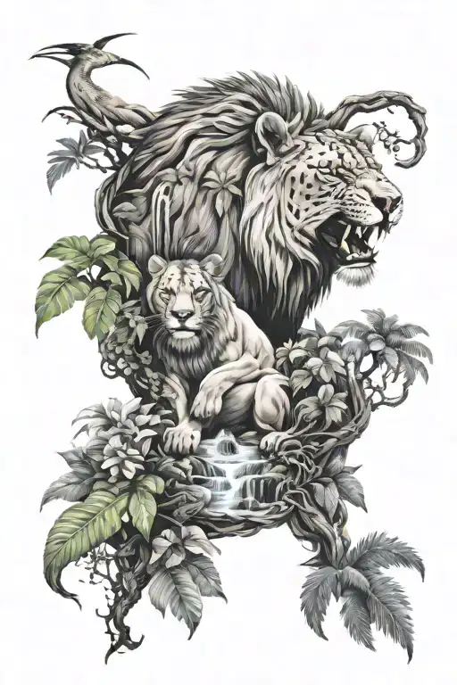Waterfall jungle scene with Lion, Wolf, Rhinoceros, snake wrapping around wrist tattoo design idea