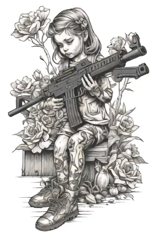 little girl in full stature, both hands holding a Kalashnikov assault rifle, a blossoming garden under her feet tattoo design idea