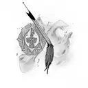 arrow with feather and peace curved wrapped tattoo design idea