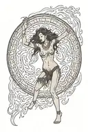 nude shaman woman dancing with a circle of flames behind her tattoo design idea