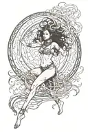 nude shaman woman dancing with a circle of flames behind her tattoo design idea
