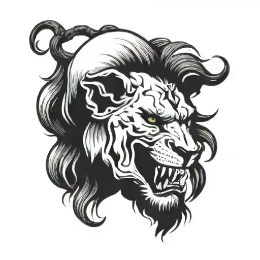 lion's head holding a skull between its fangs. tattoo design idea