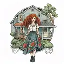 girl with curly red hair standing in front of a house in a long skirt tattoo design idea