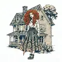 girl with curly red hair standing in front of a house in a long skirt tattoo design idea