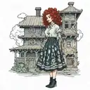 girl with curly red hair standing in front of a house in a long skirt tattoo design idea