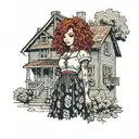 girl with curly red hair standing in front of a house in a long skirt tattoo design idea