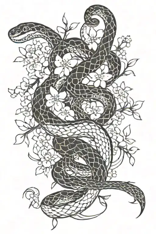 asian snake and metalcore music notes and cherry blossoms tattoo design idea