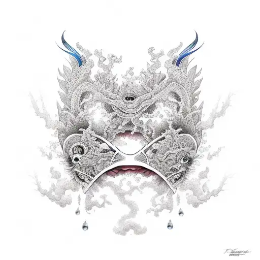 Joi fish swimming, hannaya masks, castles, cherry blossoms tattoo design idea
