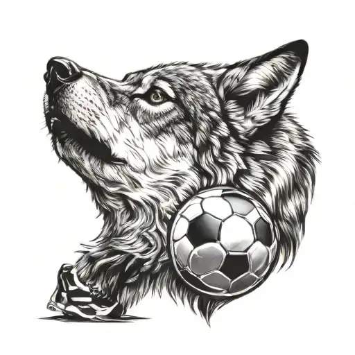 howling wolf holding soccer ball merging tattoo design idea