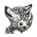 howling wolf holding soccer ball merging tattoo design idea
