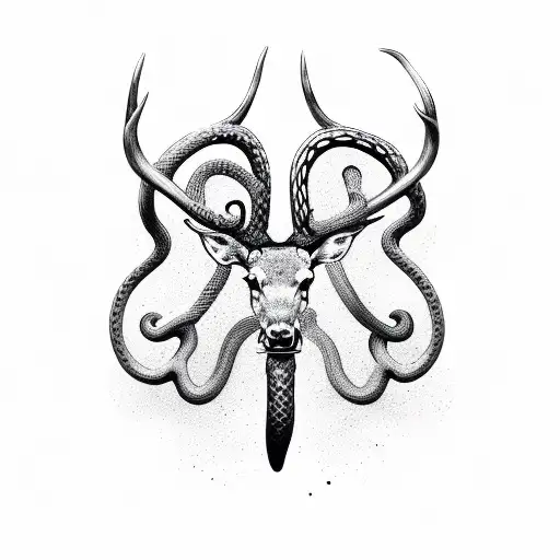 a stags antlers with a snake across the antlers with the snake in the form of an infinity symbol tattoo design idea