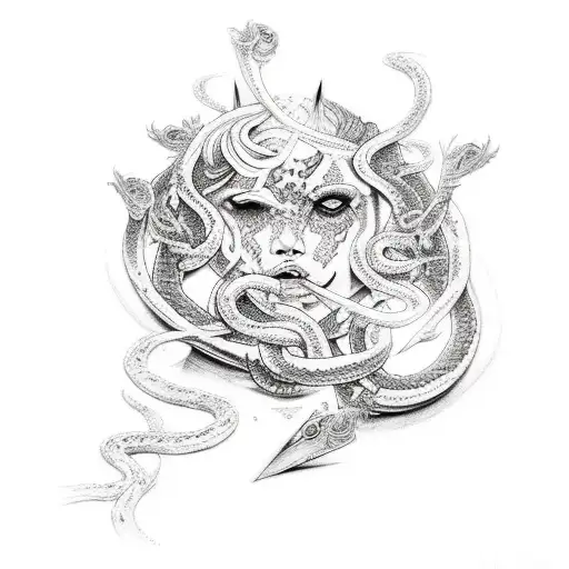 A tattoo design of Hestia surrounded by snakes and daggers, with a mystical and ethereal feel tattoo design idea