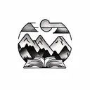 books and coffee looking out window facing mountains and river tattoo design idea