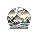 books and coffee looking out window facing mountains and river tattoo design idea