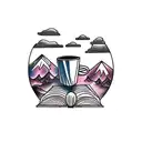 books and coffee looking out window facing mountains and river tattoo design idea