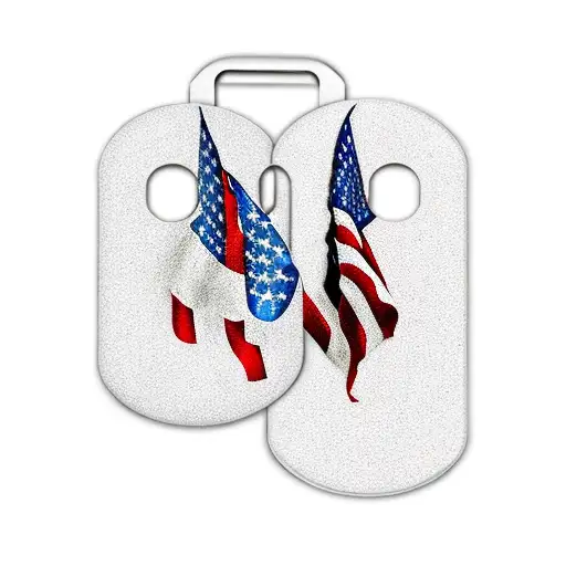 Two headstones with an american flag background, With dog tags hanging off the tombstones  tattoo design idea