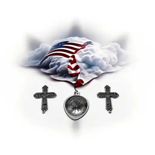 Two headstones on a Hill with dog tags hanging off and a Sky view of the american flag tattoo design idea