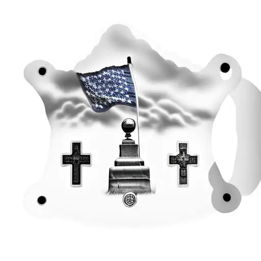 Two headstones on a Hill with dog tags hanging off and a Sky view of the american flag tattoo design idea