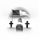 Two headstones on a Hill with dog tags hanging off and a Sky view of the american flag tattoo design idea