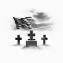 Two headstones on a Hill with dog tags hanging off and a Sky view of the american flag tattoo design idea