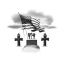 Two headstones on a Hill with dog tags hanging off and a Sky view of the american flag tattoo design idea