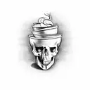 A visually striking tattoo featuring coffee cups forming a skull in a dotwork style tattoo design idea