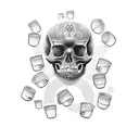 A visually striking tattoo featuring coffee cups forming a skull in a dotwork style tattoo design idea