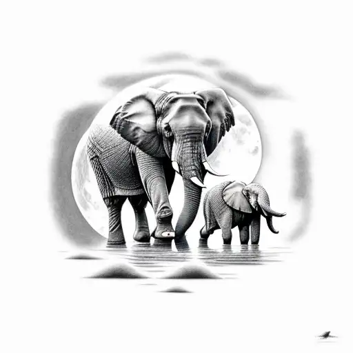 A serene landscape with an elephant-shaped lake reflecting a full moon tattoo design idea