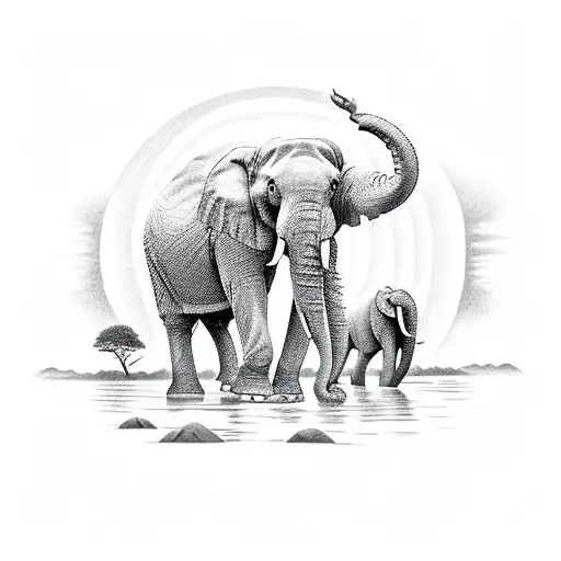 A serene landscape with an elephant-shaped lake reflecting a full moon tattoo design idea