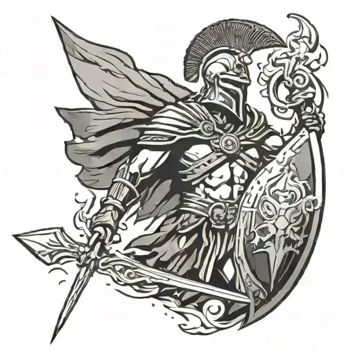 Spartan warrior holding a spear an shield looking up at lightning  tattoo design idea