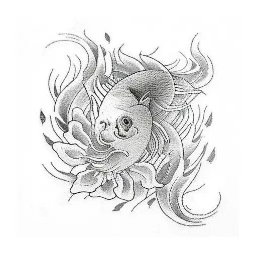 New-school tattoo of a vibrant Dahila flower surrounded by traditional Japanese waves and koi fish tattoo design idea